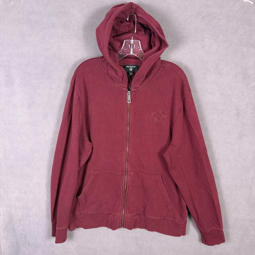 True Religion Logo Zip Hoodie‎ Sweat Jacket-Tone on Tone -Maroon-Size XL